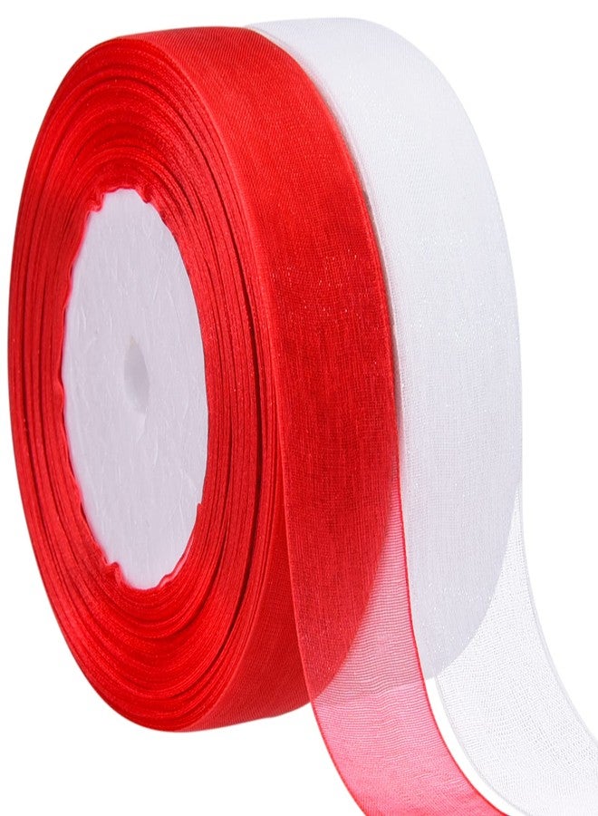 Hapeper 2 Rolls 1 Inch Sheer Organza Chiffon Ribbons for Gift Wrapping DIY Crafts Party Decoration, 50 Yards/Roll (Red, White) - Image 1